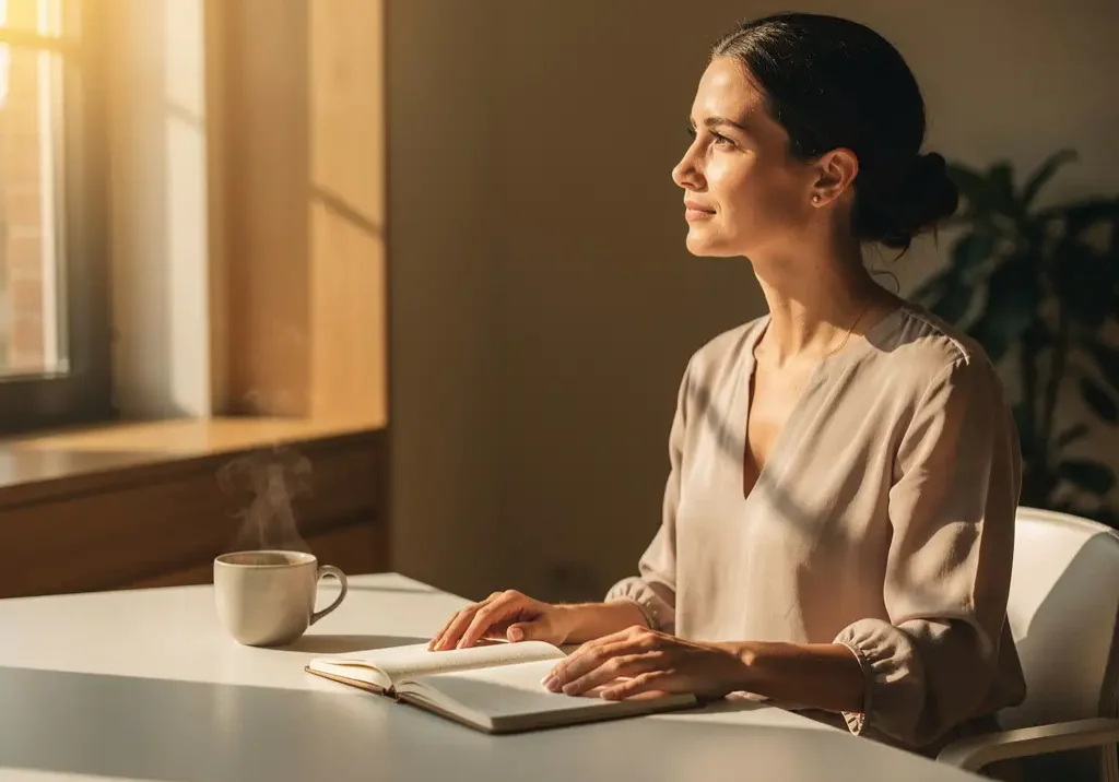 Vrouw in gedachten verzonken bij een zonnig kantoorvenster, hand op open dagboek, dampende koffie op wit bureau.