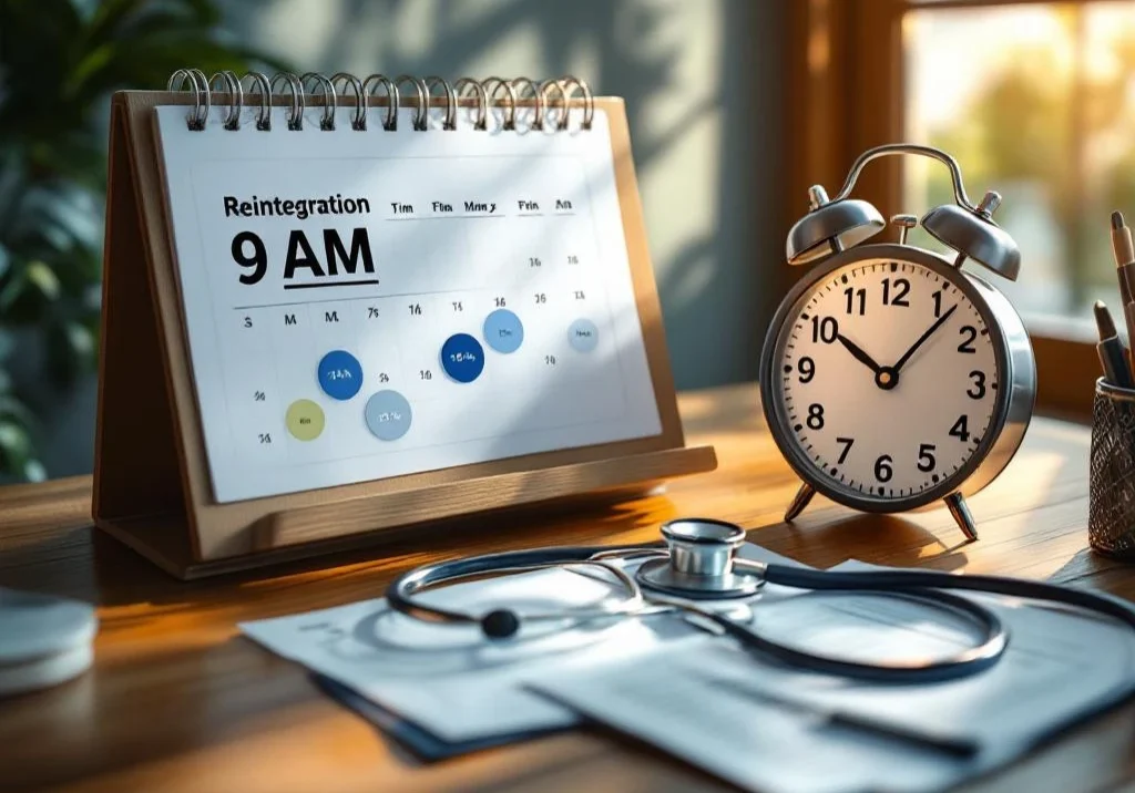 Professioneel houten bureau met open kalender, medische documenten en stethoscoop, klok toont 9 uur voor werkhervatting