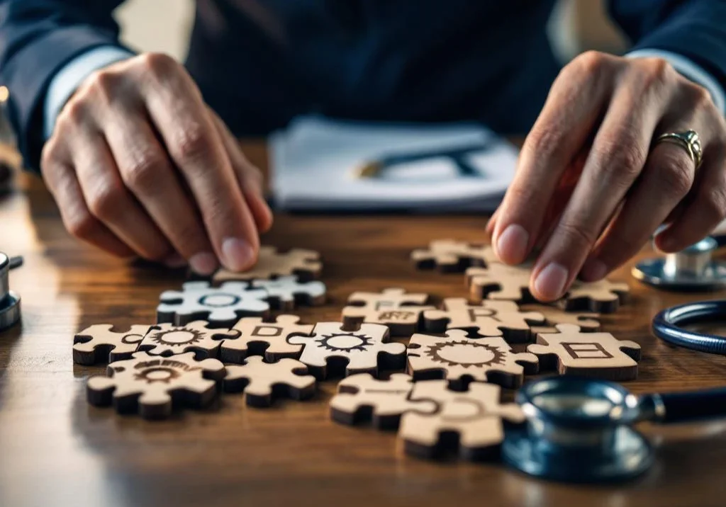 Professionele handen plaatsen laatste puzzelstuk van carrièrepad met tandwielen op bureau met juridische documenten