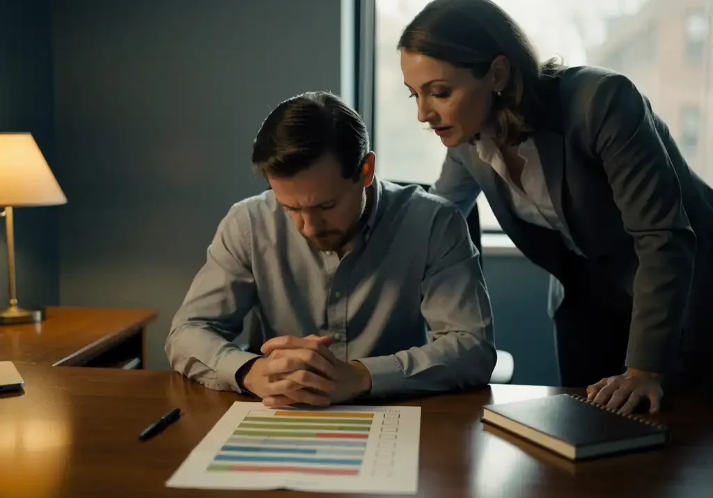 Vermoeide medewerker aan bureau wordt ondersteund door attente HR-manager, half ingevulde voortgangsgrafiek op tafel, warm kantoorlicht.