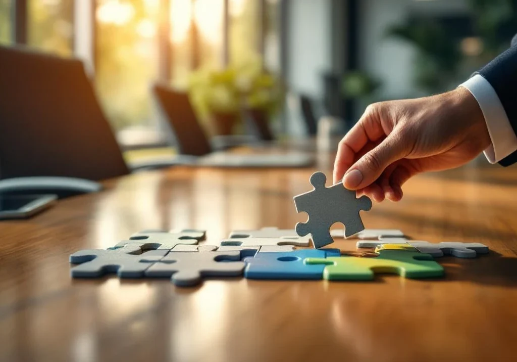 Handen plaatsen laatste puzzelstuk op vergadertafel in moderne kantoorruimte, symboliseert succesvolle reïntegratie