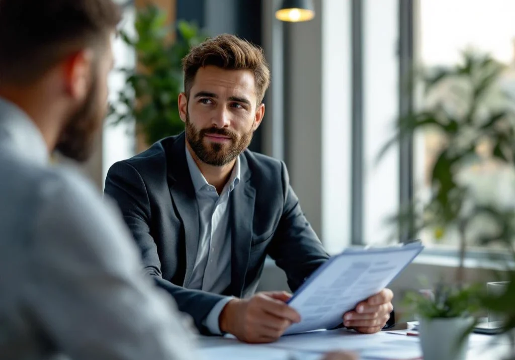Professionele werkplaatsconsultant voert beoordeling uit met medewerker aan modern kantoorbureau met klembord