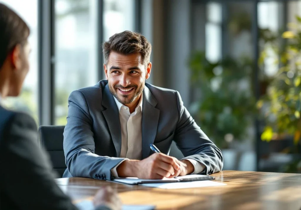 Professionele werkplaatsconsultant in gesprek met klant aan modern bureau tijdens assessment meeting