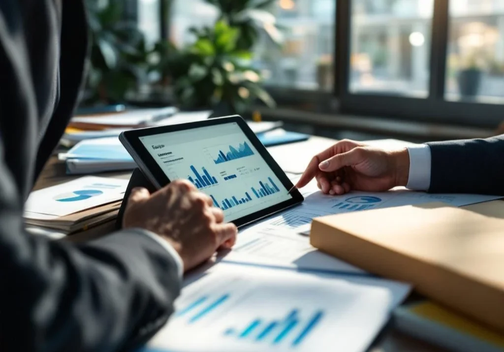 Professionele werkplaatsconsultant bestudeert personeelsdocumenten en data-analyse op moderne kantoorbureau
