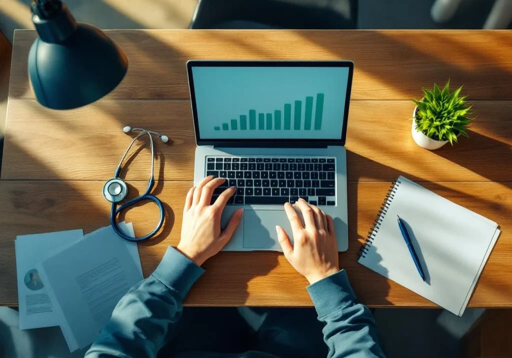 Professioneel houten bureau met laptop, stethoscoop, plant en documenten voor werkplek gezondheidsmanagement