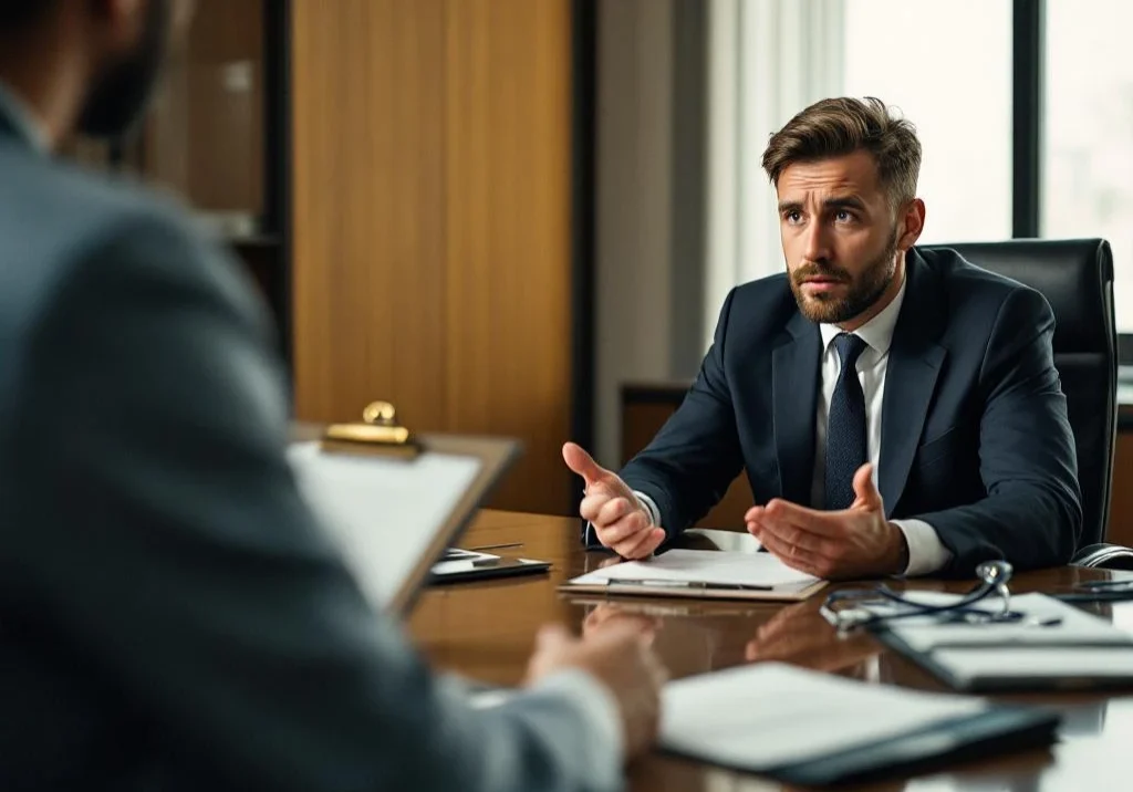 Bezorgde werknemer in gesprek met arbeidsgezondheidsspecialist in vergaderruimte, juridische documenten op tafel