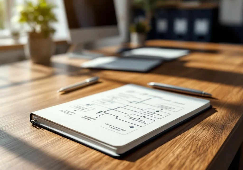 Open notitieboek met stroomdiagram op houten bureau, zilveren pen ernaast, professionele HR-werkomgeving op achtergrond