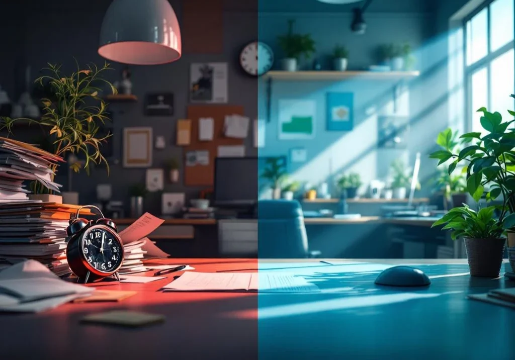 Gesplitst werkplekbeeld: rommelige, grijze ruimte links versus georganiseerde, groene werkplek rechts met ergonomische tools
