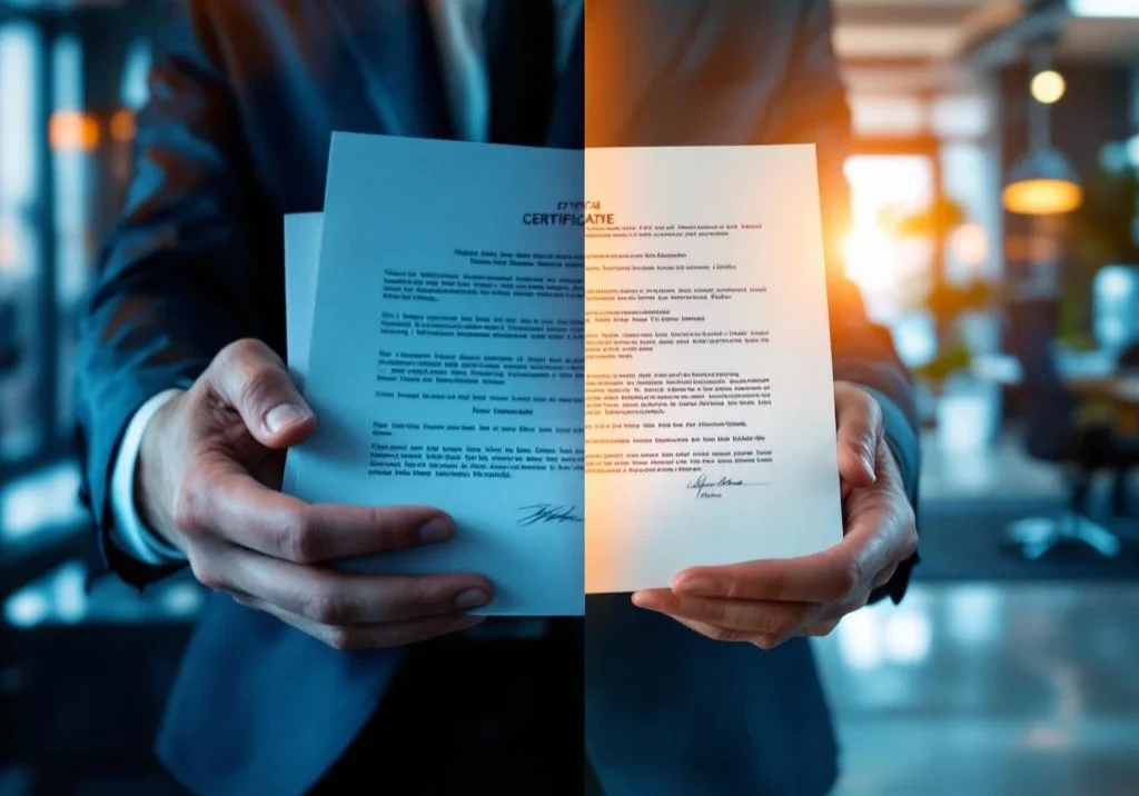 Handen met officiële documenten naast lege bureaustoel in moderne werkplek, blauw-oranje kleurenpalet