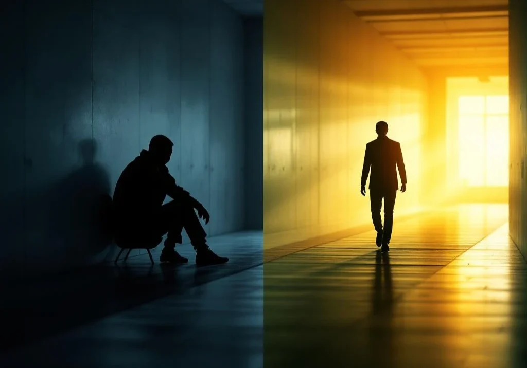 Silhouet transformeert van donkere isolatie naar lichte werkplek via overgangspad, toont psychologische reis naar inclusie