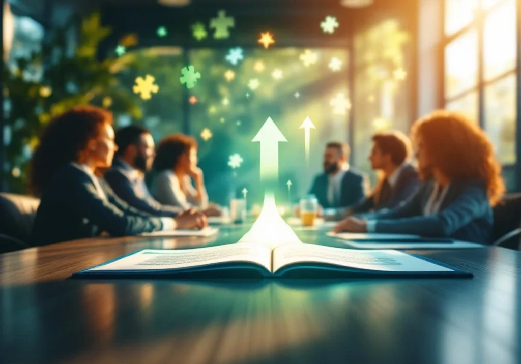Zakelijke vergaderruimte met diverse collega's rond conferentietafel, open dossier met brugpictogram voor reïntegratie