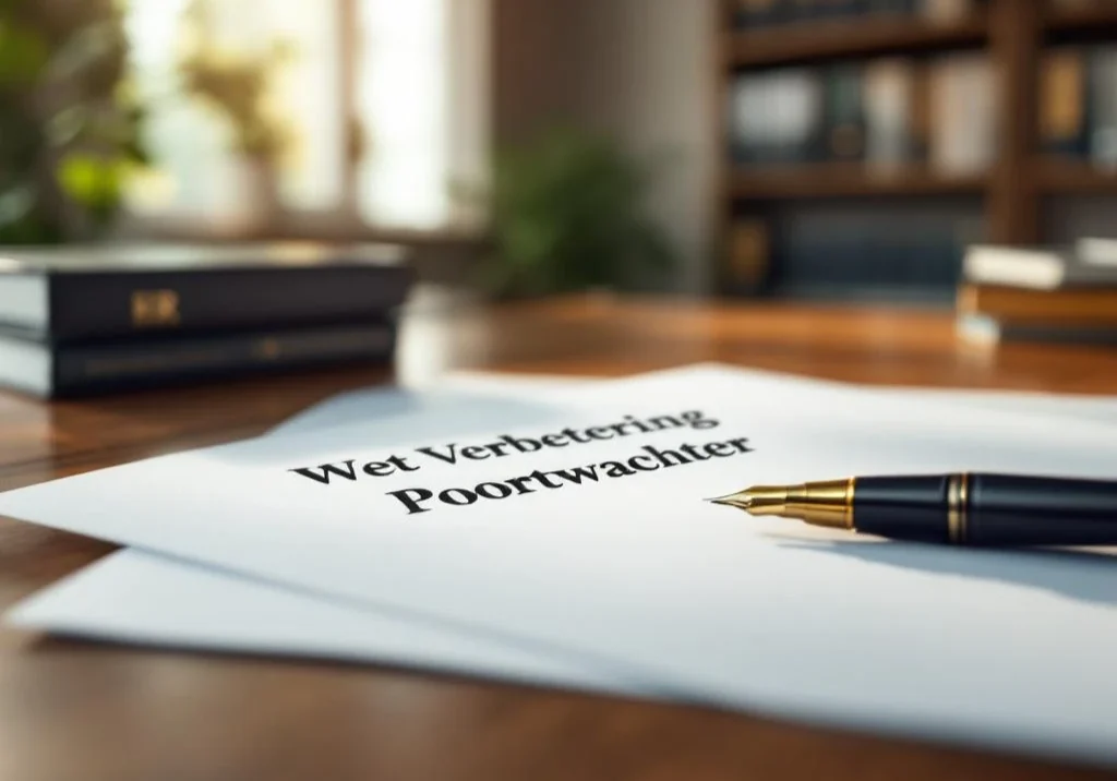 Nederlandse wet Verbetering Poortwachter document op houten bureau met vulpen in professionele kantooromgeving