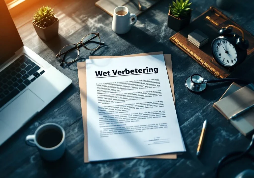 Bovenaanzicht modern bureau met open Wet Verbetering Poortwachter document, laptop, koffie en stethoscoop
