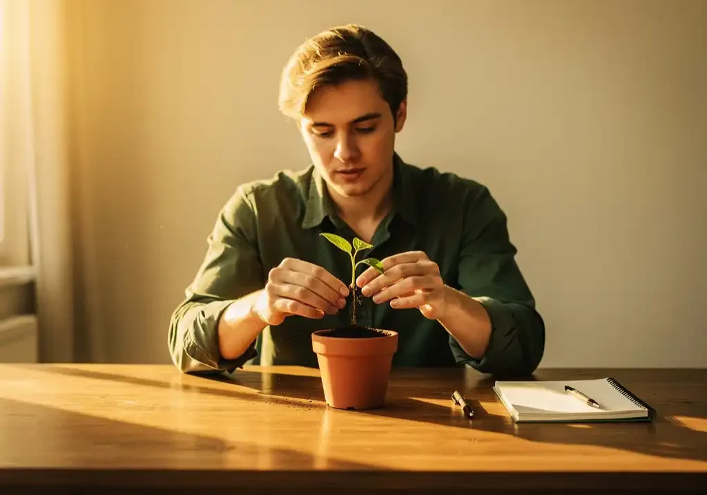 Jonge professional verzorgt een zaailing in terracottapot op houten bureau met notitieblok en pen, warm goudkleurig licht.