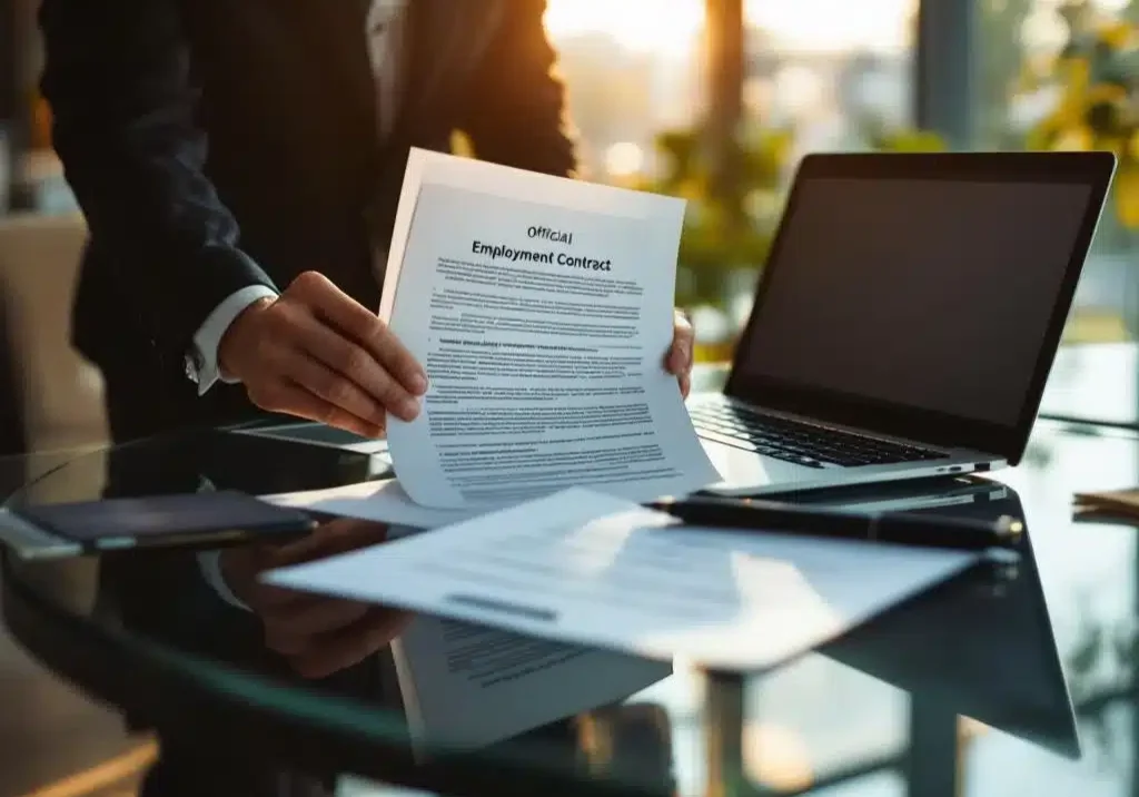 Professionele kantoormedewerker bekijkt arbeidscontract aan moderne glazen bureau met laptop en officiële documenten