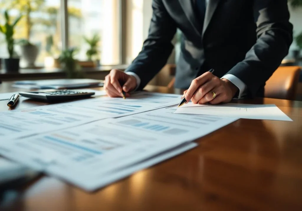 Professionele consultant bestudeert documenten en rapporten aan houten vergadertafel met calculator en pen