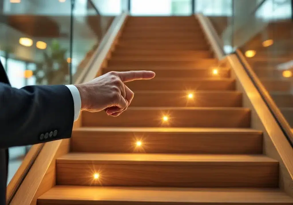 Zakenman wijst naar specifieke trede op houten trap die processtappen voorstelt in modern kantoor