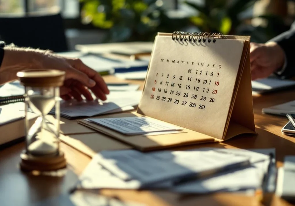 Digitale kalender en officiële documenten op professioneel bureau met zandloper, warme kantoorverlichting