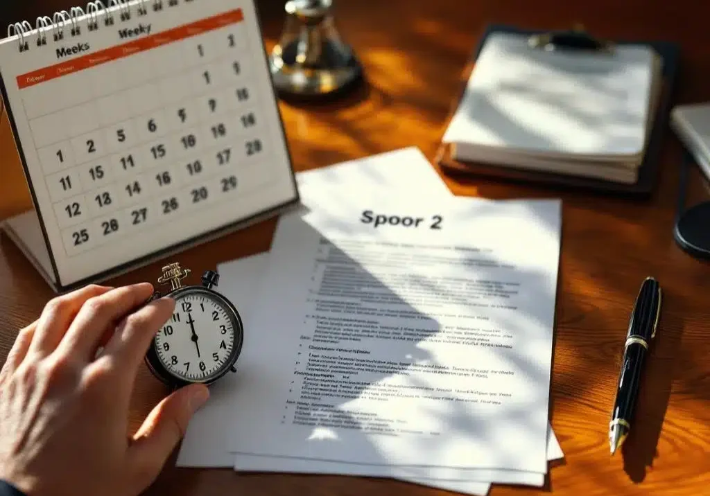 Zakelijke consultant werkt aan officiële Spoor 2 documenten op mahonie bureau met kalender en stopwatch