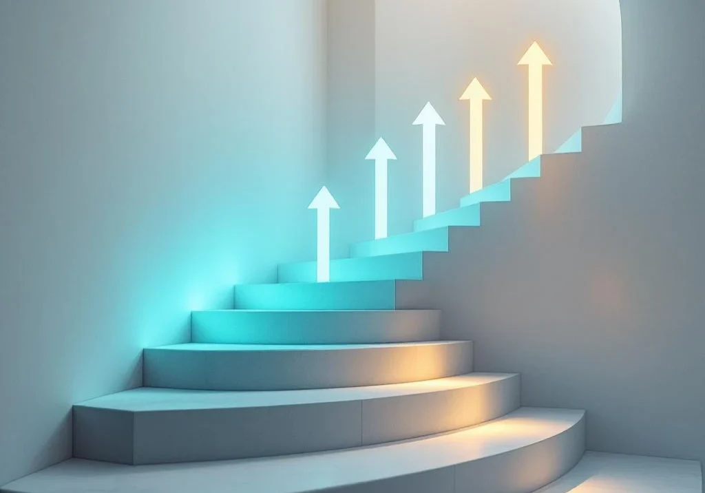 Betonnen trap met blauwe verlichting en zwevende bedrijfsdocumenten die vooruitgang en professionele groei symboliseren