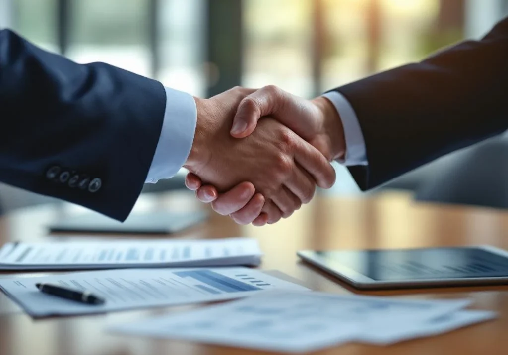 Zakelijke handdruk tussen twee professionals bij bureau met contractdocumenten in modern kantoor