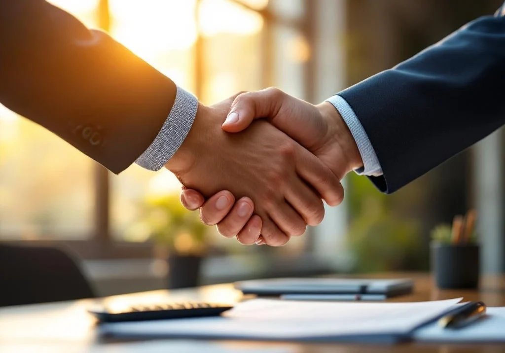 Professionele handdruk tussen zakenpartners bij bureau met documenten en calculator in modern kantoor