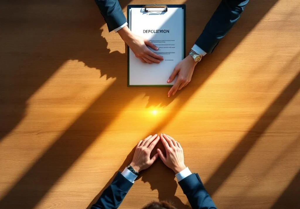 Overhead shot van moderne vergadertafel met handdrukken, documenten en gouden lichtstraal die samenwerking benadrukt