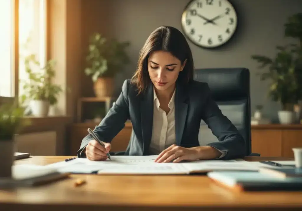 Professionele vrouw in pak bekijkt overheidsdocumenten aan houten bureau terwijl ze notities maakt op tijdlijn