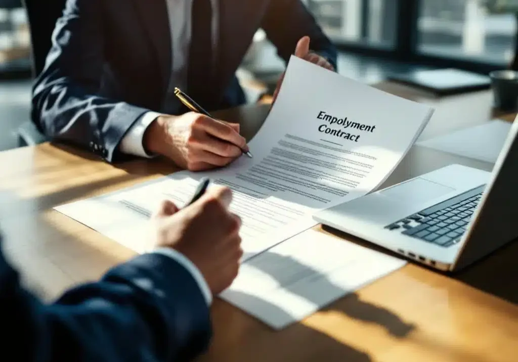 Professionele zakenvrouw in marineblauw pak leest arbeidscontract aan modern kantoorbureau met laptop en natuurlijk licht