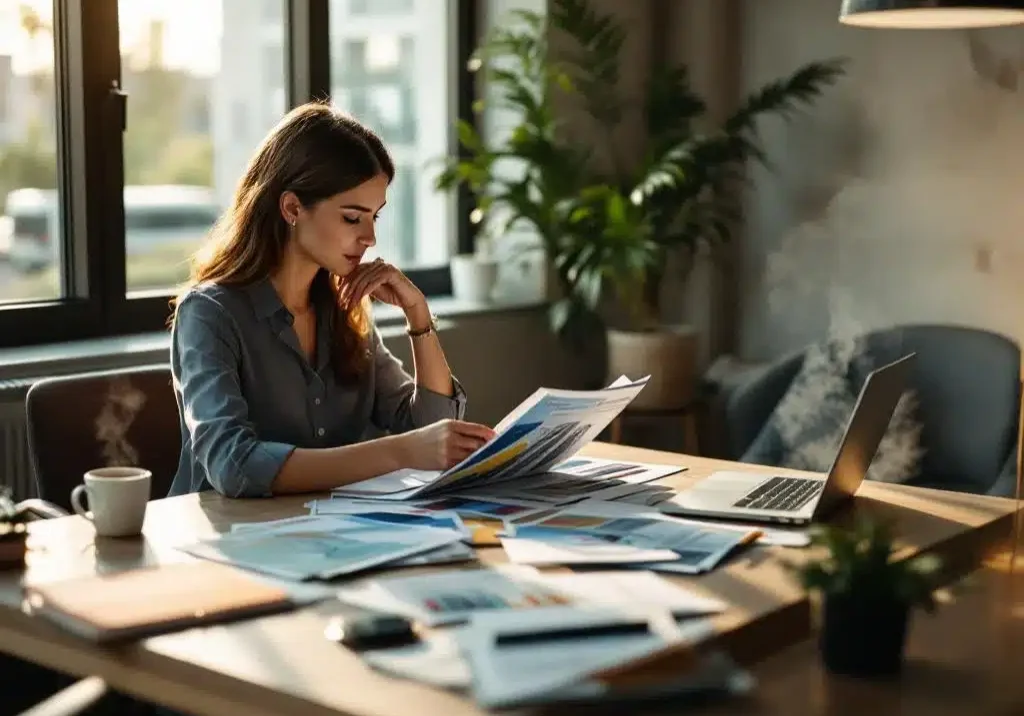Zakenvrouw bestudeert treinservice brochures aan bureau met laptop met routekaart en koffiekopje