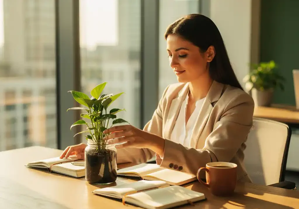 Professional aan houten bureau verzorgt kleine plant in glazen pot, omringd door notitieboeken en koffiemok in warm ochtendlicht.